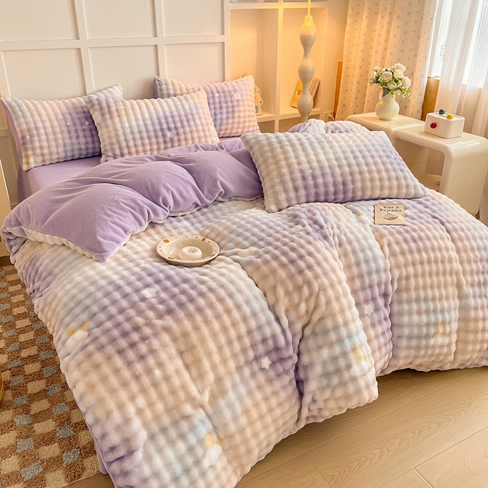 91家纺网 家纺一手货源 找家纺 金喜 2024新款牛奶绒印花泡泡四件套 泡泡牛奶绒-优雅