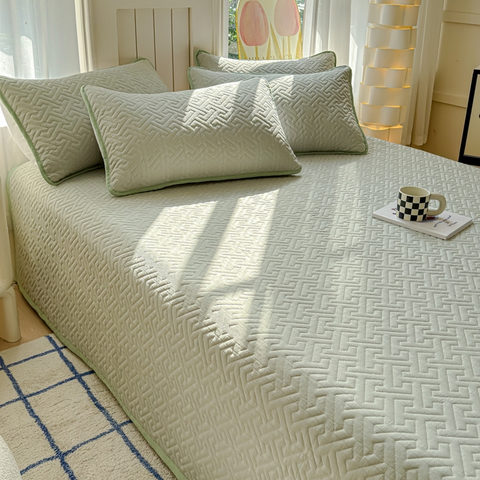 91家纺网 家纺一手货源 找家纺 芯元素 2024新款云纱棉床盖三件套 青草绿