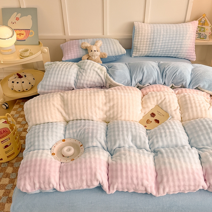 91家纺网 家纺一手货源 找家纺 金喜 2024新款牛奶绒印花泡泡四件套 泡泡牛奶绒-浅浅