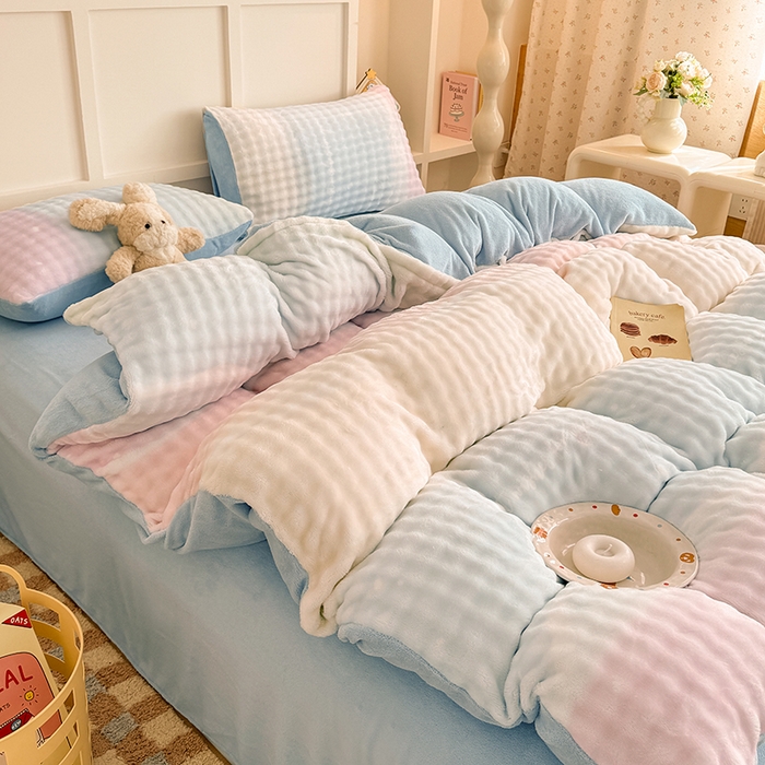 91家纺网 家纺一手货源 找家纺 金喜 2024新款牛奶绒印花泡泡四件套 泡泡牛奶绒-浅浅