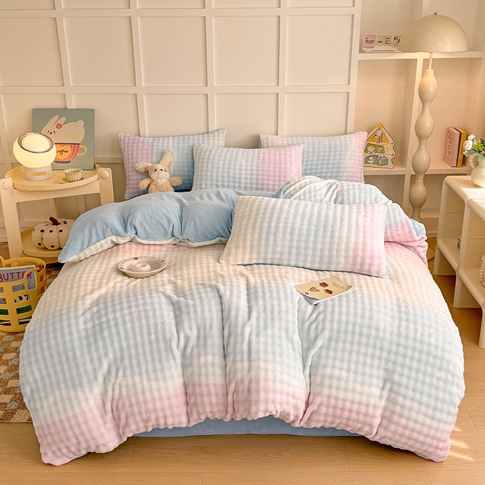 91家纺网 家纺一手货源 找家纺 金喜 2024新款牛奶绒印花泡泡四件套 泡泡牛奶绒-浅浅