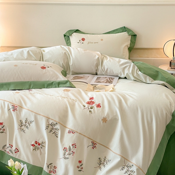 91家纺网 家纺一手货源 找家纺 遇见家居生活馆 2024新款A类全棉磨毛刺绣四件套-丽莎 丽莎-清新绿