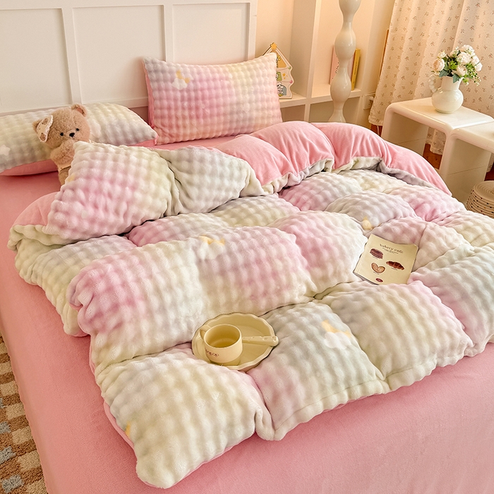 91家纺网 家纺一手货源 找家纺 金喜 2024新款牛奶绒印花泡泡四件套 泡泡牛奶绒-暖阳