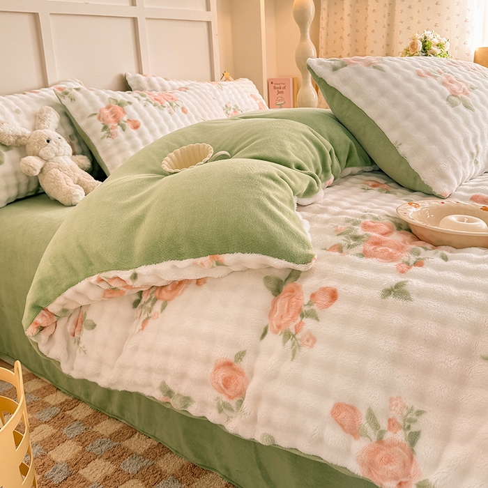 91家纺网 家纺一手货源 找家纺 金喜 2024新款牛奶绒印花泡泡四件套 泡泡牛奶绒-花仙子