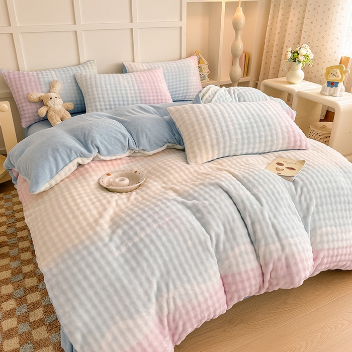 91家纺网 家纺一手货源 找家纺 金喜 2024新款牛奶绒印花泡泡四件套 泡泡牛奶绒-浅浅