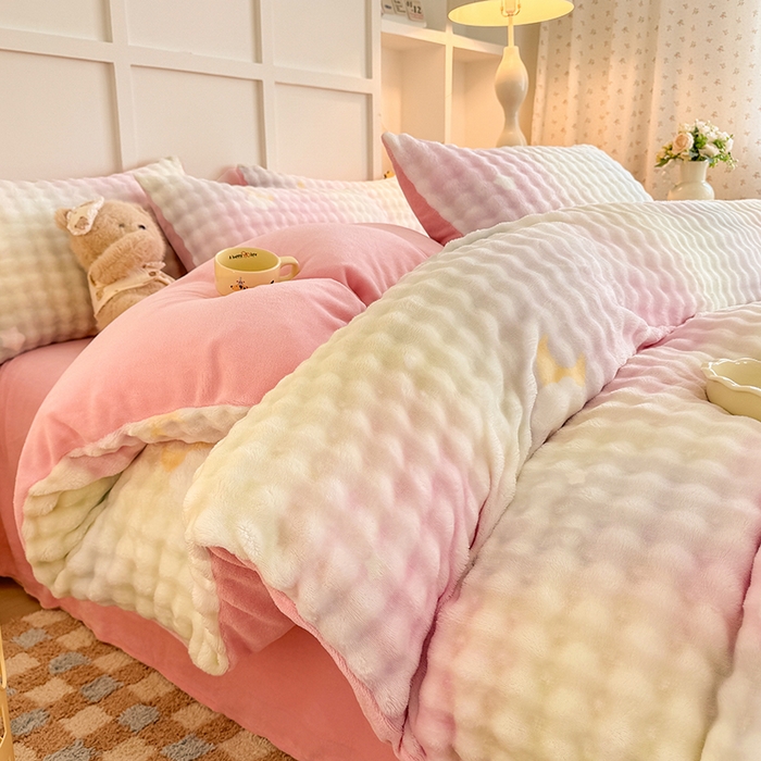 91家纺网 家纺一手货源 找家纺 金喜 2024新款牛奶绒印花泡泡四件套 泡泡牛奶绒-暖阳