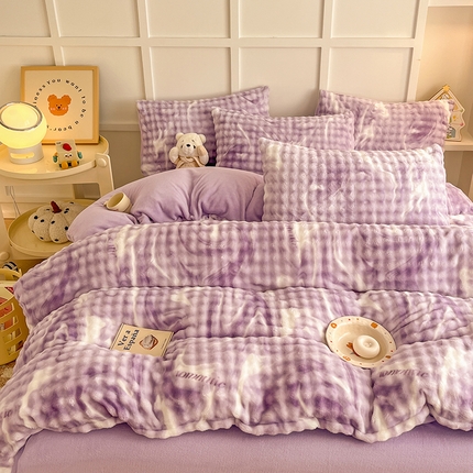 金喜 2024新款牛奶绒印花泡泡四件套 泡泡牛奶绒-炫彩紫