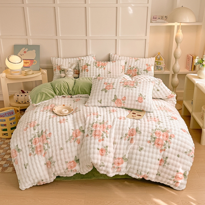 91家纺网 家纺一手货源 找家纺 金喜 2024新款牛奶绒印花泡泡四件套 泡泡牛奶绒-花仙子