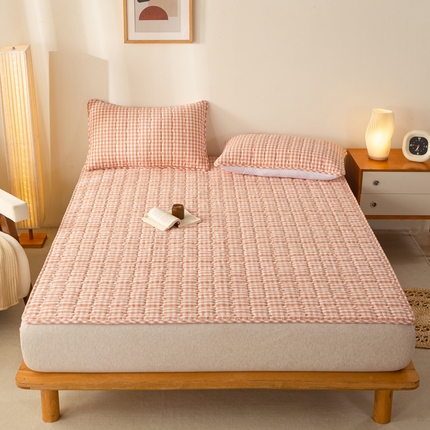 萌飞 2024新款全棉色织水洗棉棉花夹棉床垫 粉小格