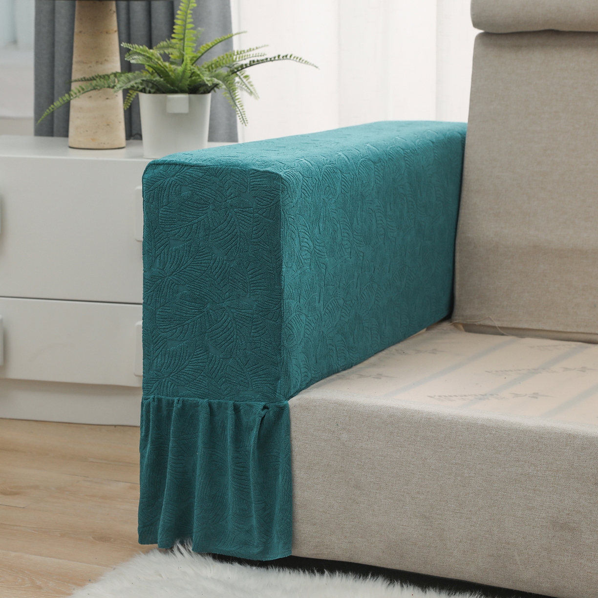 91家纺网 家纺一手货源 找家纺 千彤沙发垫 2024新款沙发扶手套-小树叶系列 小树叶-孔雀蓝