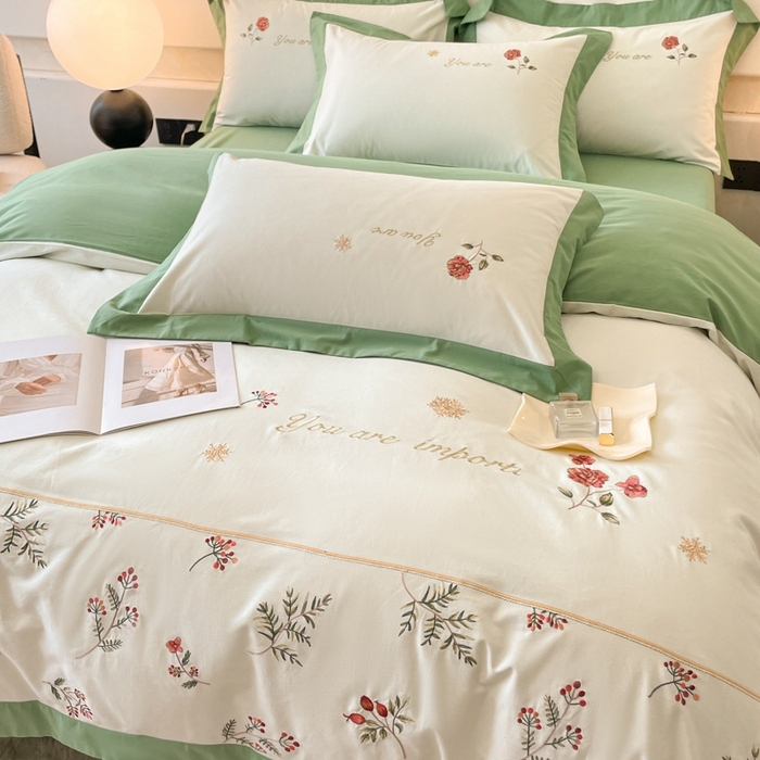 91家纺网 家纺一手货源 找家纺 遇见家居生活馆 2024新款A类全棉磨毛刺绣四件套-丽莎 丽莎-清新绿