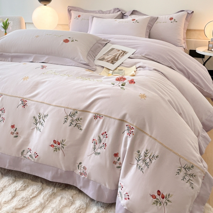 91家纺网 家纺一手货源 找家纺 遇见家居生活馆 2024新款A类全棉磨毛刺绣四件套-丽莎 丽莎-漫漫紫