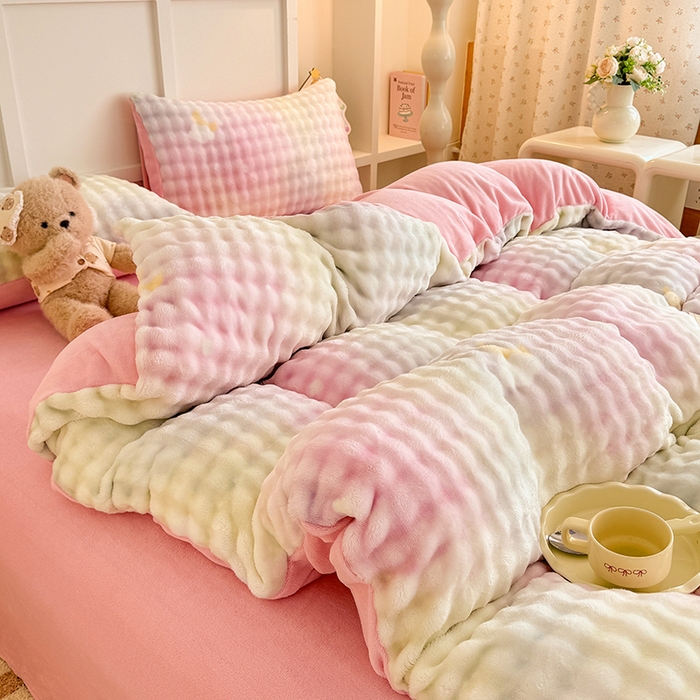 91家纺网 家纺一手货源 找家纺 金喜 2024新款牛奶绒印花泡泡四件套 泡泡牛奶绒-暖阳