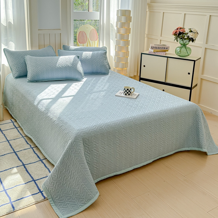 91家纺网 家纺一手货源 找家纺 芯元素 2024新款云纱棉床盖三件套 海盐蓝