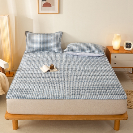 萌飞 2024新款全棉色织水洗棉棉花夹棉床垫 蓝小格