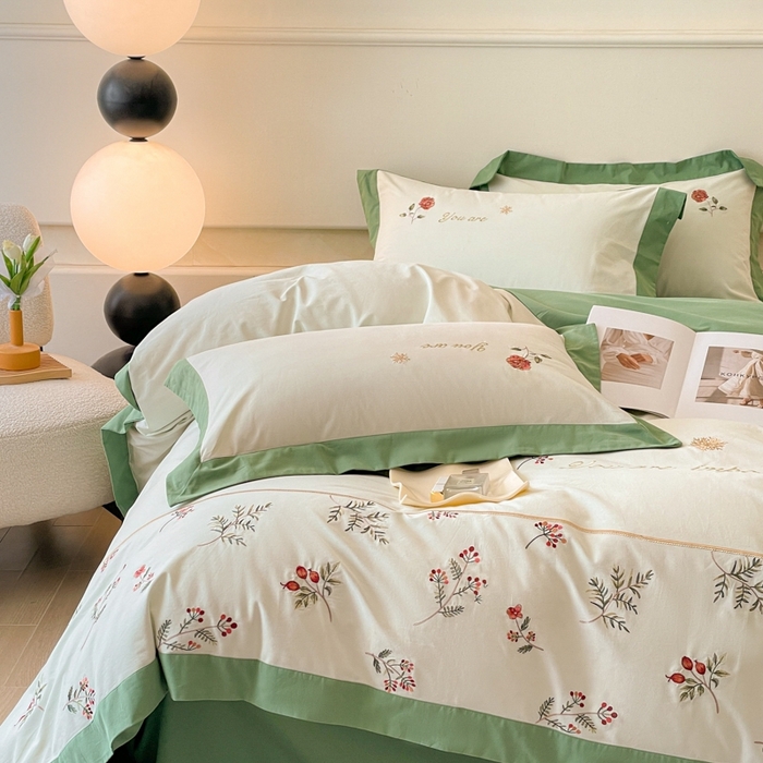 91家纺网 家纺一手货源 找家纺 遇见家居生活馆 2024新款A类全棉磨毛刺绣四件套-丽莎 丽莎-清新绿