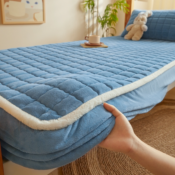 91家纺网 家纺一手货源 找家纺 鑫钰 2024新款秋冬季学生宿舍专用加厚牛奶绒床笠-暖格 暖格-湖蓝