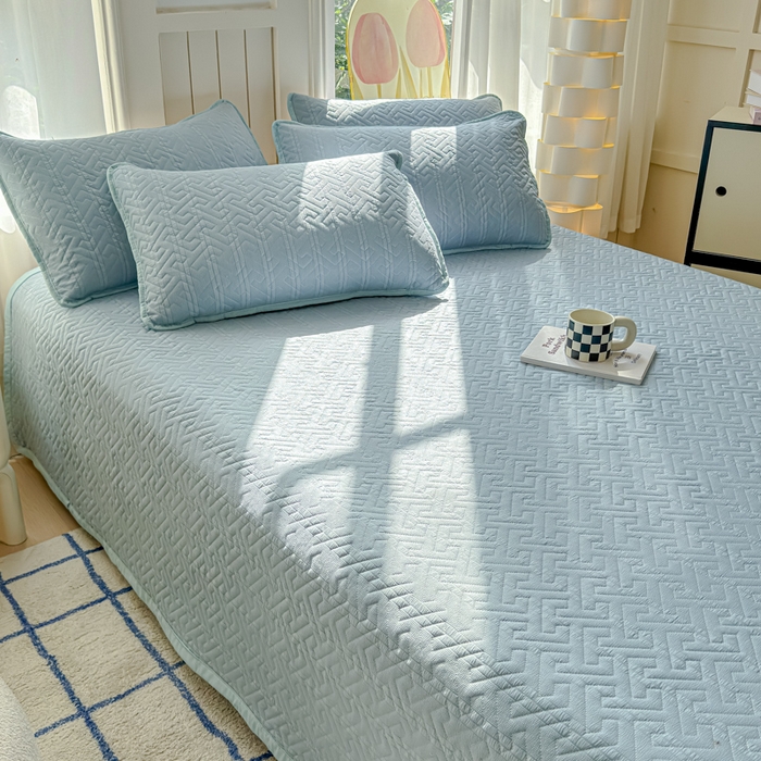 91家纺网 家纺一手货源 找家纺 芯元素 2024新款云纱棉床盖三件套 海盐蓝