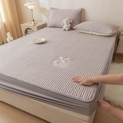 暖季家纺 2025新款40支长绒棉刺绣款全棉夹棉床笠支持定制 全棉夹棉蝴蝶结-山灰