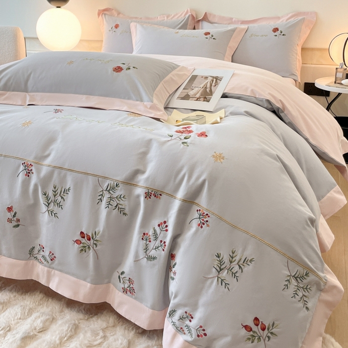 91家纺网 家纺一手货源 找家纺 遇见家居生活馆 2024新款A类全棉磨毛刺绣四件套-丽莎 丽莎-淡雅灰