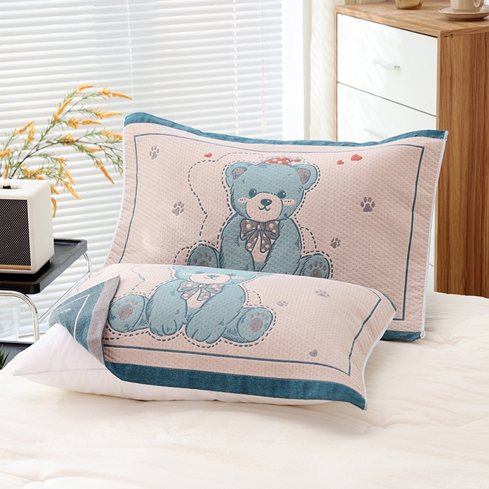 91家纺网 家纺一手货源 找家纺 朴尔家纺-毛巾被 2024年新款卡通定位纯棉四层纱布枕巾呆萌熊蓝