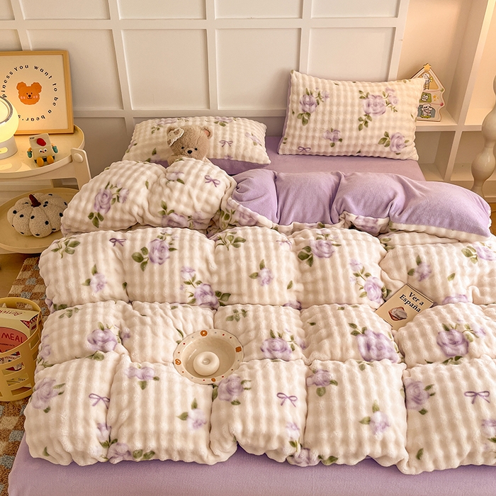 91家纺网 家纺一手货源 找家纺 金喜 2024新款牛奶绒印花泡泡四件套 泡泡牛奶绒-紫霞仙子