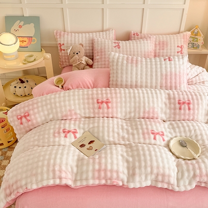 金喜 2024新款牛奶绒印花泡泡四件套 泡泡牛奶绒-拾忆粉