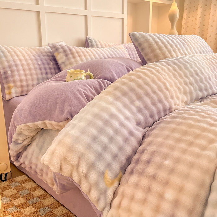 91家纺网 家纺一手货源 找家纺 金喜 2024新款牛奶绒印花泡泡四件套 泡泡牛奶绒-优雅