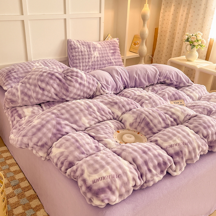 91家纺网 家纺一手货源 找家纺 金喜 2024新款牛奶绒印花泡泡四件套 泡泡牛奶绒-炫彩紫