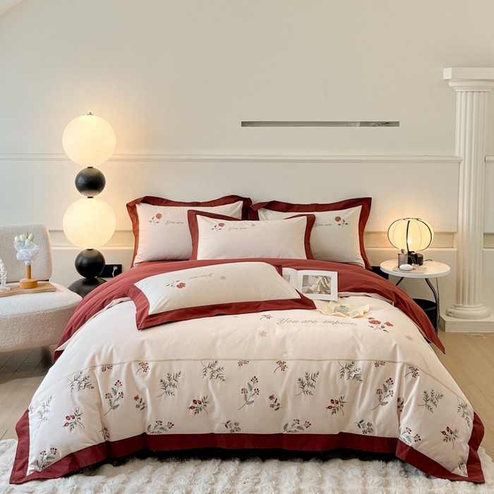 91家纺网 家纺一手货源 找家纺 遇见家居生活馆 2024新款A类全棉磨毛刺绣四件套-丽莎 丽莎-洛可红