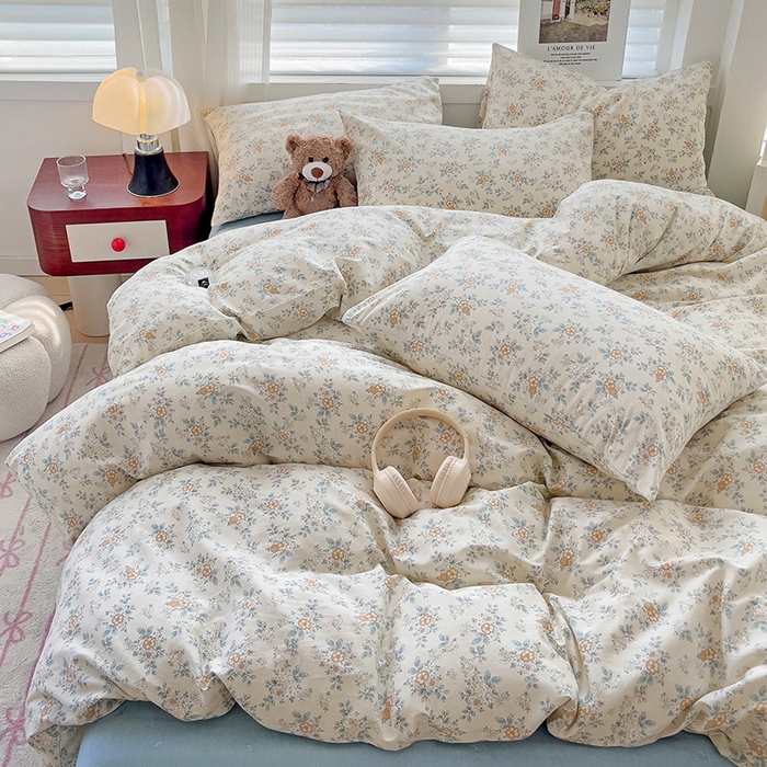 91家纺网 家纺一手货源 找家纺 卡普家居 2025新款法式全棉小香风碎花四件套-实景拍摄 花缇-米