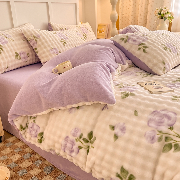 91家纺网 家纺一手货源 找家纺 金喜 2024新款牛奶绒印花泡泡四件套 泡泡牛奶绒-紫霞仙子