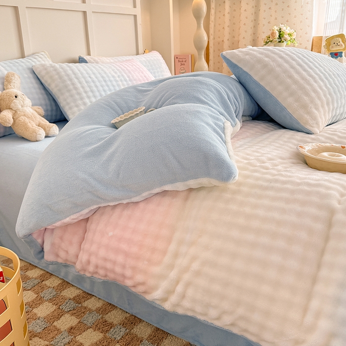 91家纺网 家纺一手货源 找家纺 金喜 2024新款牛奶绒印花泡泡四件套 泡泡牛奶绒-浅浅