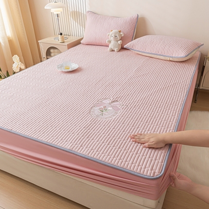 暖季家纺 2025新款40支长绒棉刺绣款全棉夹棉床笠支持定制 全棉夹棉蝴蝶结-枫叶粉