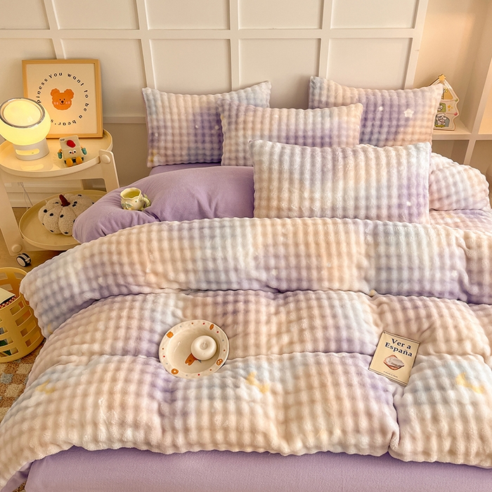 91家纺网 家纺一手货源 找家纺 金喜 2024新款牛奶绒印花泡泡四件套 泡泡牛奶绒-优雅