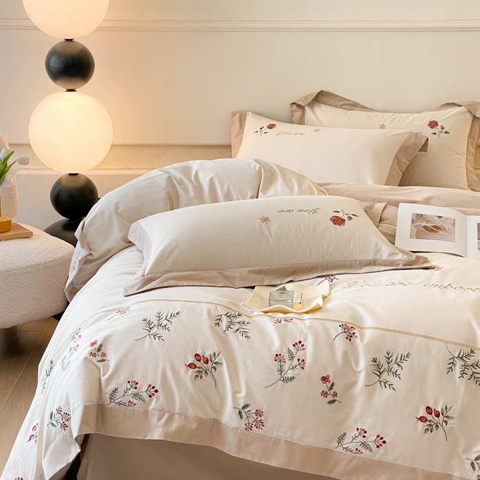 91家纺网 家纺一手货源 找家纺 遇见家居生活馆 2024新款A类全棉磨毛刺绣四件套-丽莎 丽莎-杏驼色