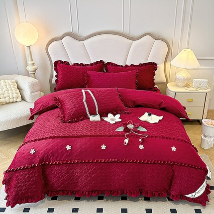 小时代家纺 2024新款加厚宝宝绒全夹棉床盖四件套-冬之恋 冬之恋-酒红
