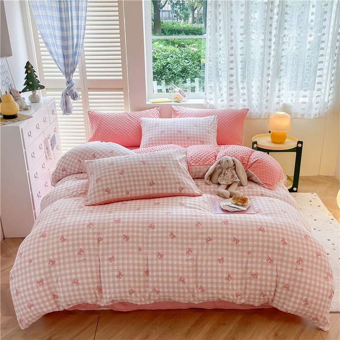 91家纺网 家纺一手货源 找家纺 佰亿莱 2024新款豆豆绒四件套 蝴蝶结-粉