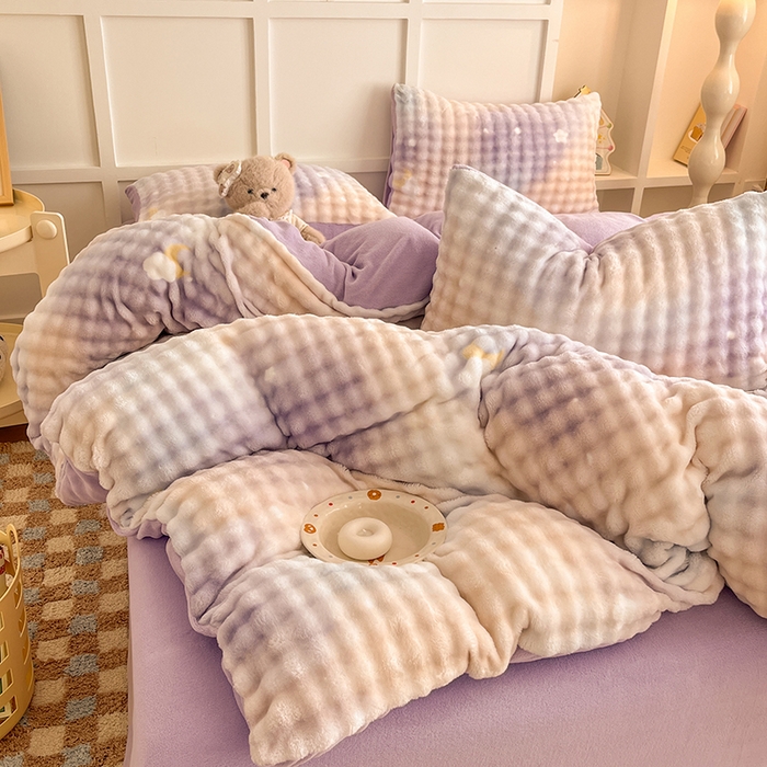 91家纺网 家纺一手货源 找家纺 金喜 2024新款牛奶绒印花泡泡四件套 泡泡牛奶绒-优雅