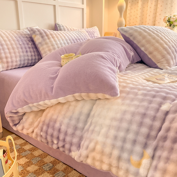 91家纺网 家纺一手货源 找家纺 金喜 2024新款牛奶绒印花泡泡四件套 泡泡牛奶绒-优雅