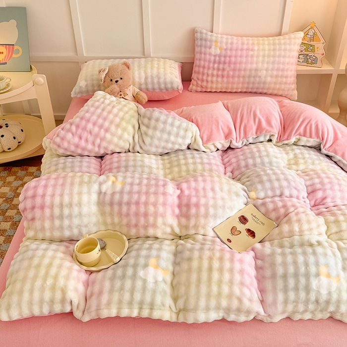 91家纺网 家纺一手货源 找家纺 金喜 2024新款牛奶绒印花泡泡四件套 泡泡牛奶绒-暖阳