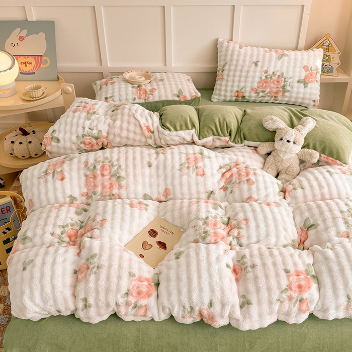 91家纺网 家纺一手货源 找家纺 金喜 2024新款牛奶绒印花泡泡四件套 泡泡牛奶绒-花仙子