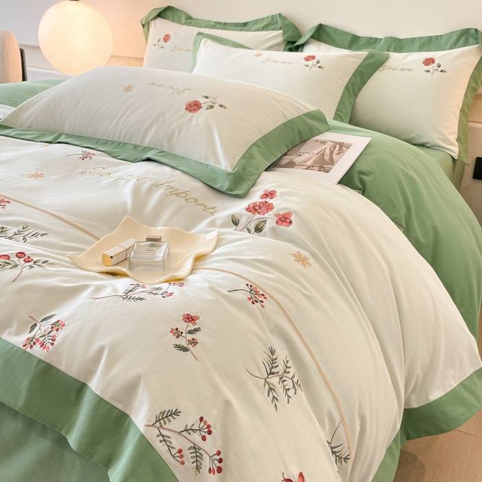 91家纺网 家纺一手货源 找家纺 遇见家居生活馆 2024新款A类全棉磨毛刺绣四件套-丽莎 丽莎-清新绿