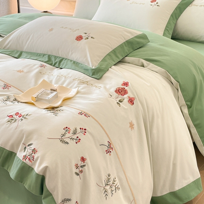 91家纺网 家纺一手货源 找家纺 遇见家居生活馆 2024新款A类全棉磨毛刺绣四件套-丽莎 丽莎-清新绿