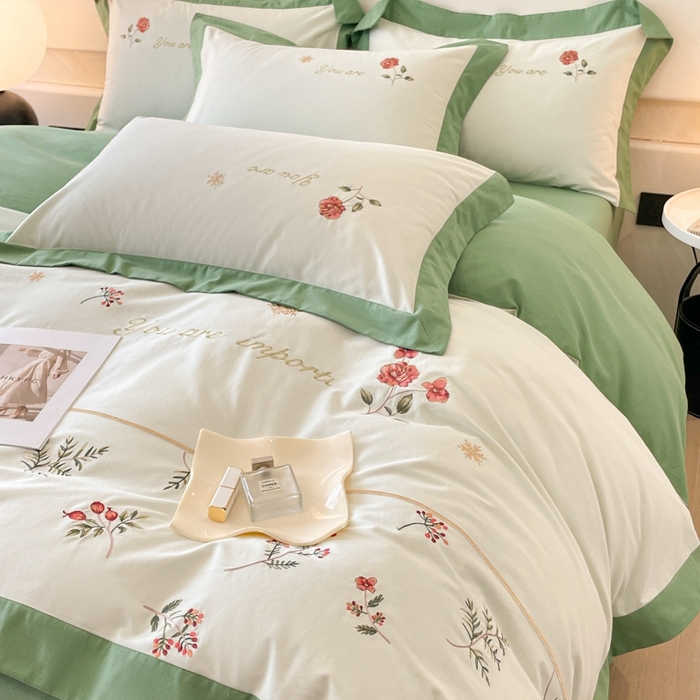 91家纺网 家纺一手货源 找家纺 遇见家居生活馆 2024新款A类全棉磨毛刺绣四件套-丽莎 丽莎-清新绿