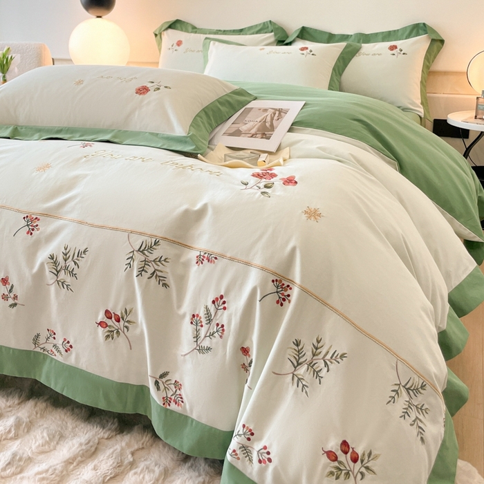 91家纺网 家纺一手货源 找家纺 遇见家居生活馆 2024新款A类全棉磨毛刺绣四件套-丽莎 丽莎-清新绿