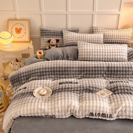 金喜 2024新款牛奶绒印花泡泡四件套 泡泡牛奶绒-字母灰