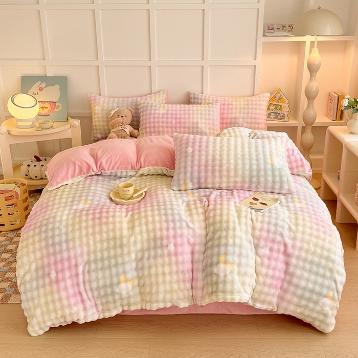 91家纺网 家纺一手货源 找家纺 金喜 2024新款牛奶绒印花泡泡四件套 泡泡牛奶绒-暖阳