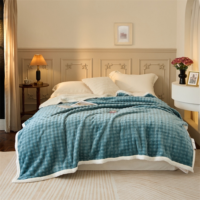 91家纺网 家纺一手货源 找家纺 金喜 2024新款牛奶绒泡泡毯子家用毛毯 牛奶绒泡泡毯-蓝