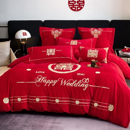 2025年新款宝宝绒牛奶绒刺绣套件婚庆四件套 喜事团圆